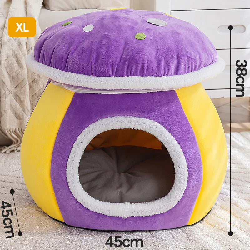 Mushroom-shaped cat bed with rabbit plush cover in grey pink purple colours