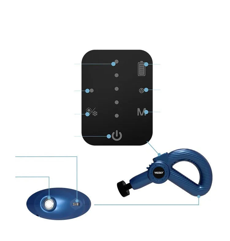 Black smart muscle massage gun with adjustable angle and multiple massage head attachments