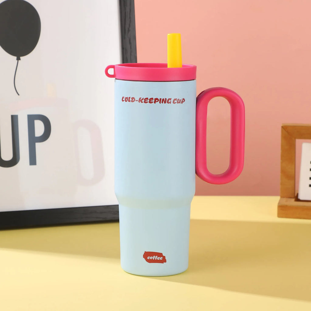 Large portable straw cup with carrying handle in multiple colour options