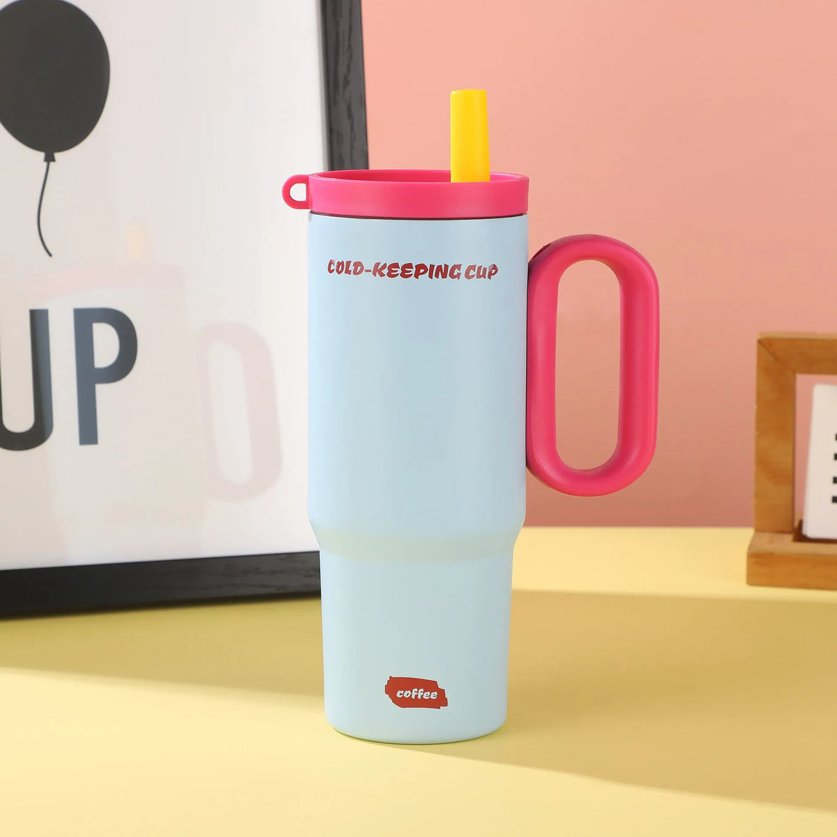 Large portable straw cup with carrying handle in multiple colour options