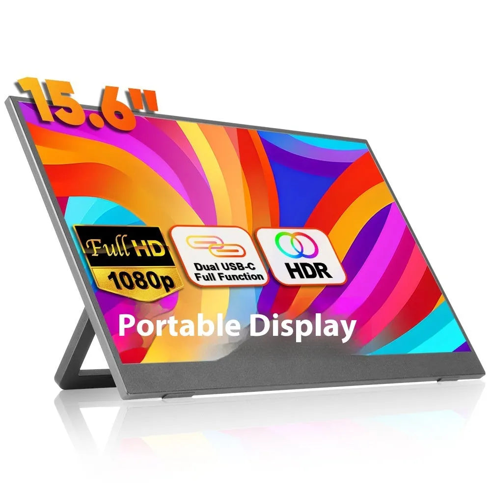 Black 15.6-inch portable computer monitor on an adjustable stand with HDMI and USB cables.