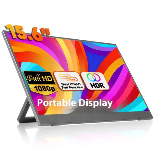 Black 15.6-inch portable computer monitor on an adjustable stand with HDMI and USB cables.