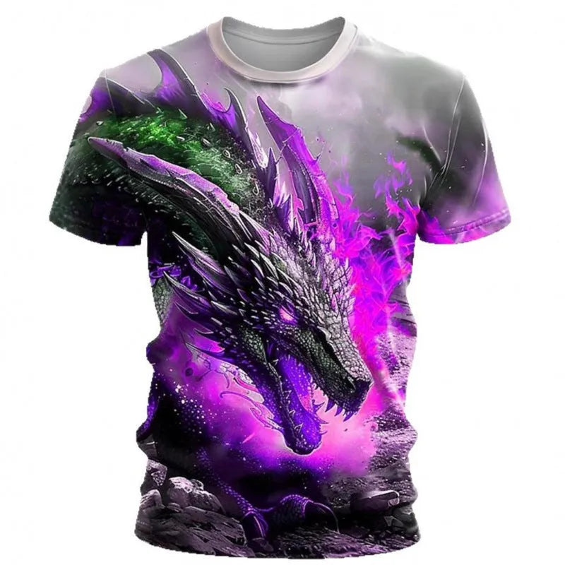 Men's grey short-sleeved T-shirt with a detailed 3D wind dragon graphic print on the front.