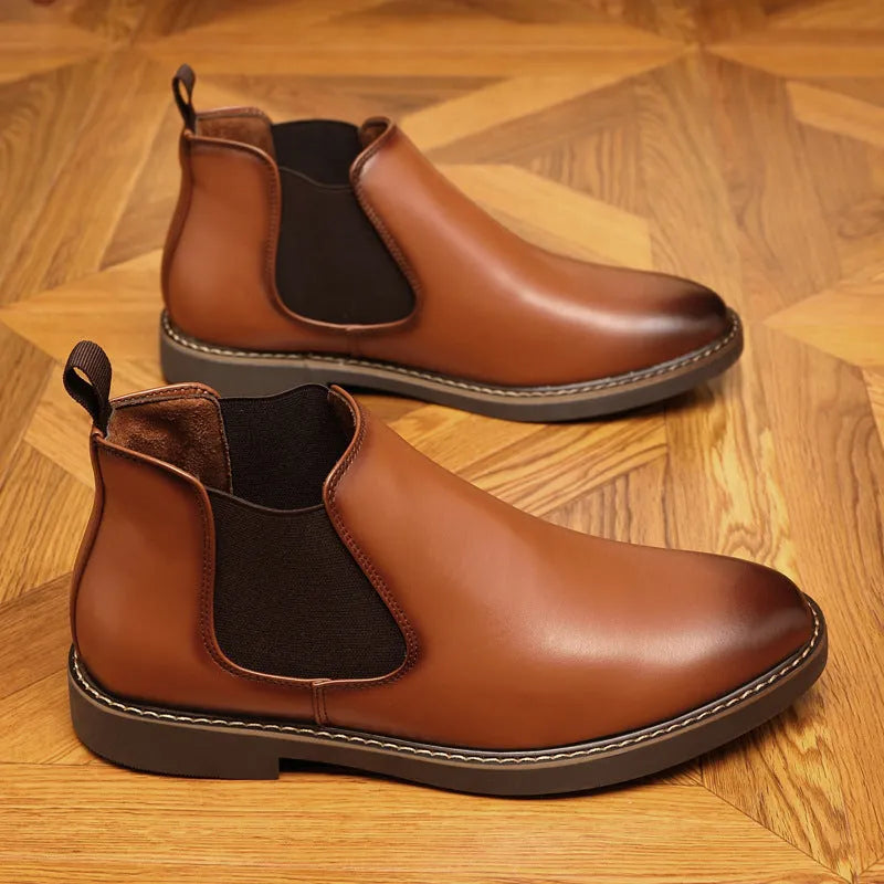 Men's black and brown formal pointed-toe leather boots with a square heel and rubber sole.