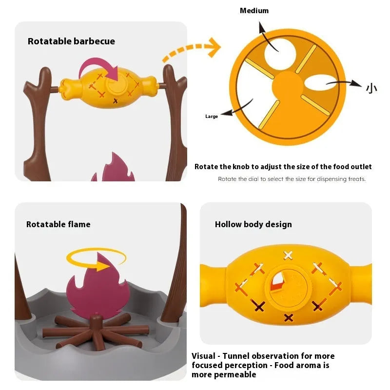 Barbecue style plastic cat toy with tumbling food feeder for treat dispensing.