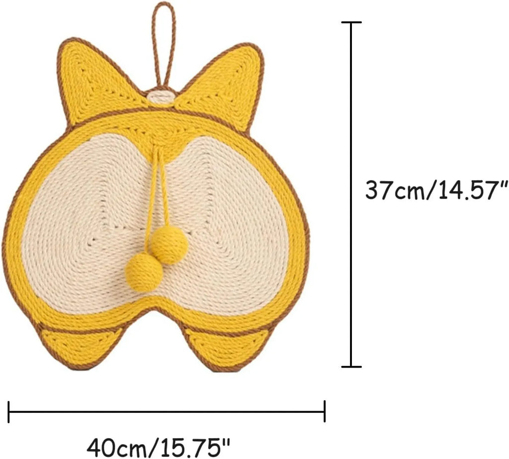 Yellow cat scratching pad with Corgi butt design on natural sisal surface with anti-slip base