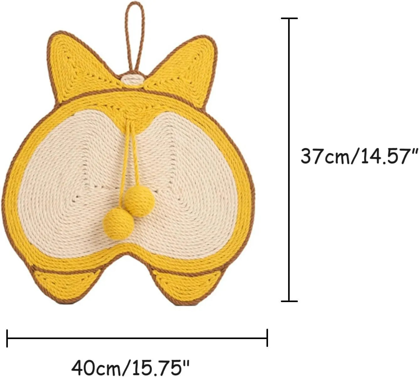 Yellow cat scratching pad with Corgi butt design on natural sisal surface with anti-slip base