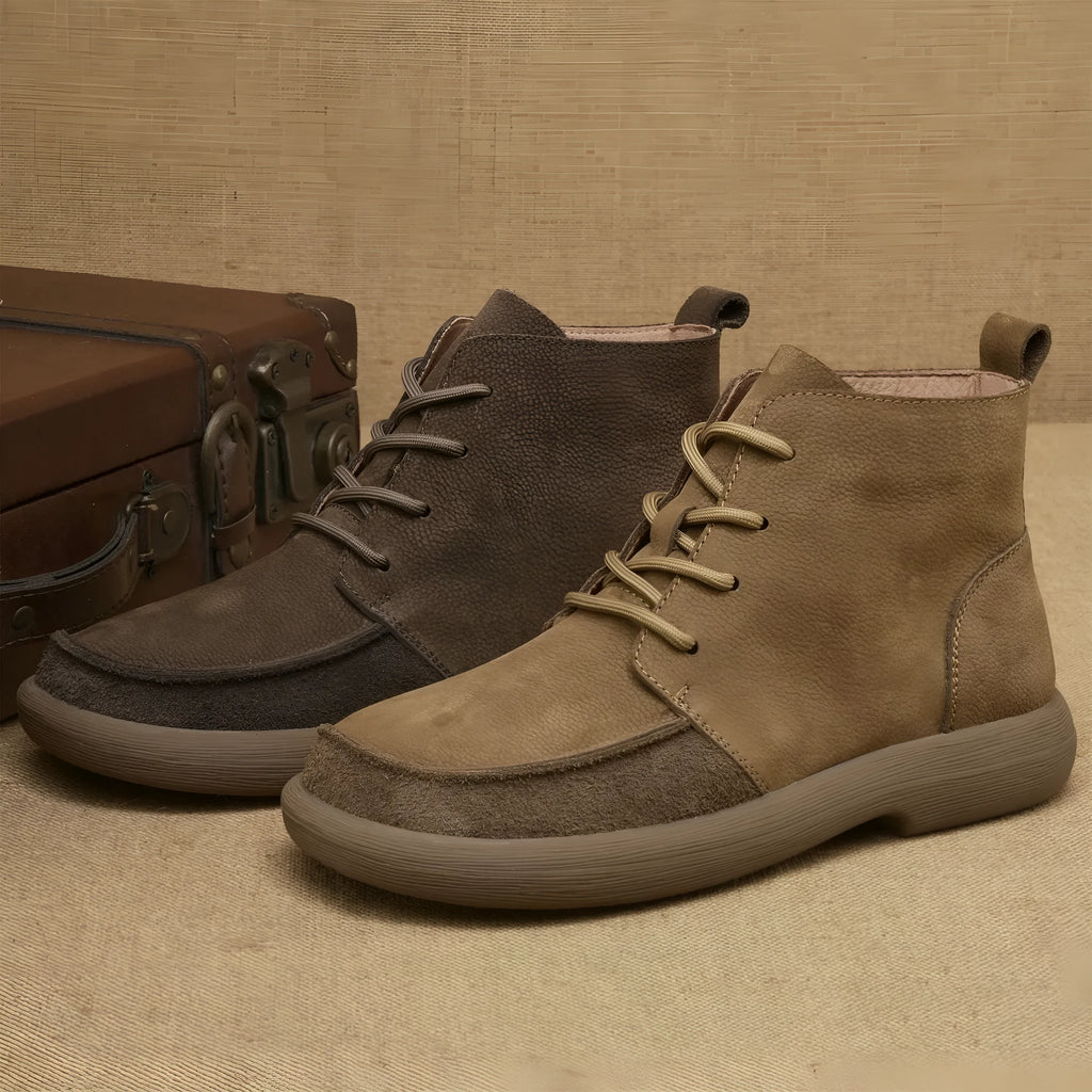 Grey genuine leather martin boots with wedge heel and lace-up front, mid-calf height retro design