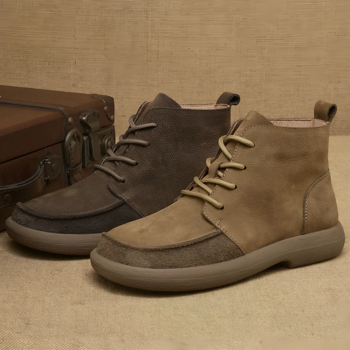 Grey genuine leather martin boots with wedge heel and lace-up front, mid-calf height retro design