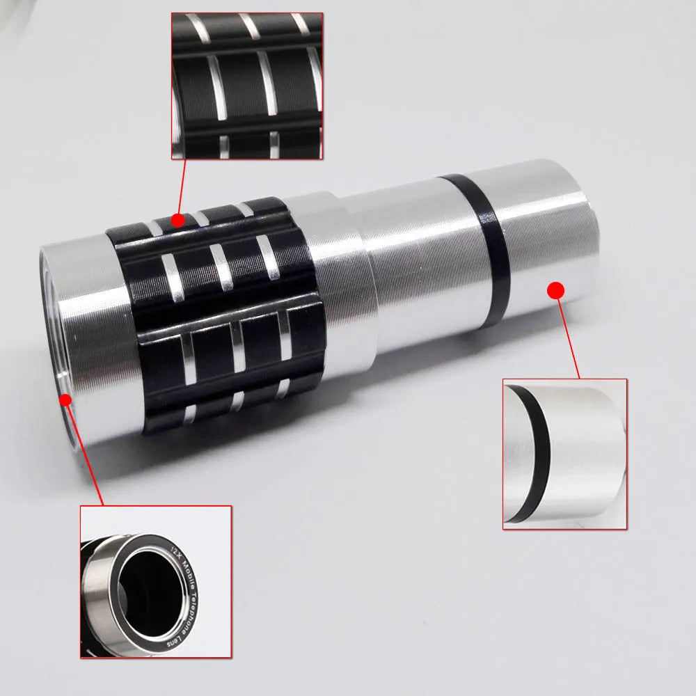Universal 12x telescopic zoom lens with collar clip for smartphones on a white background.
