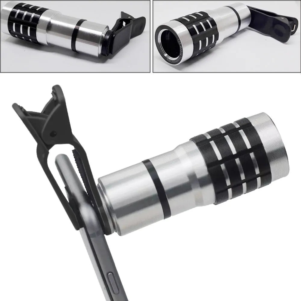 Universal 12x telescopic zoom lens with collar clip for smartphones on a white background.