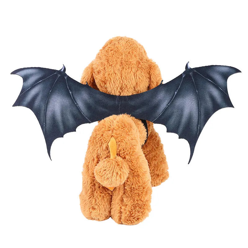 Black cloth bat wing costume for dog or cat on Halloween, shown in three sizes.