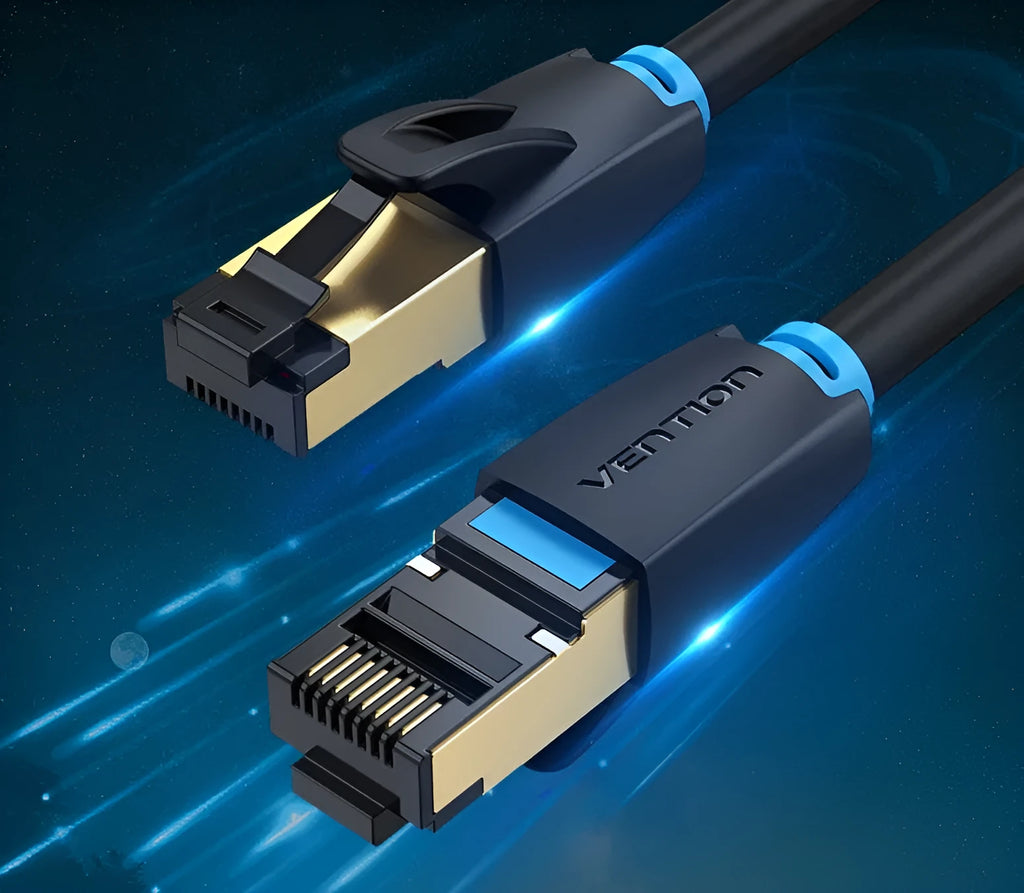 CAT8 ethernet cable with RJ45 connector, available in flat and round styles in various lengths.