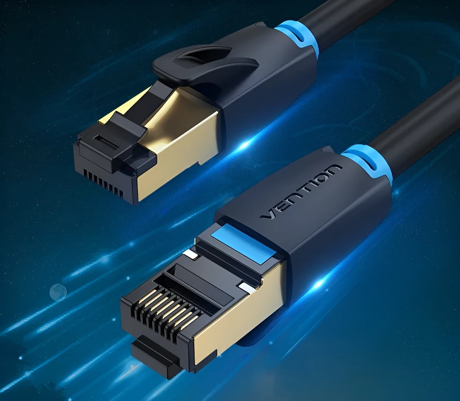 CAT8 ethernet cable with RJ45 connector, available in flat and round styles in various lengths.