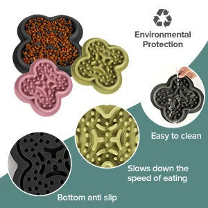Silicone pet slow feeder licking pad mat in blue colour on a wooden floor.