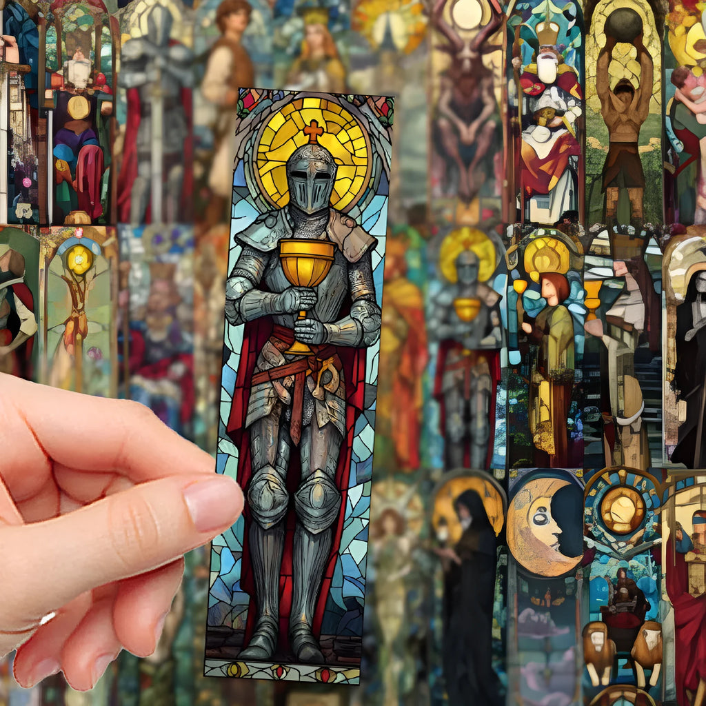 Set of 30 colourful paper bookmarks with painted glass tarot illustrations in a cute homemade style.