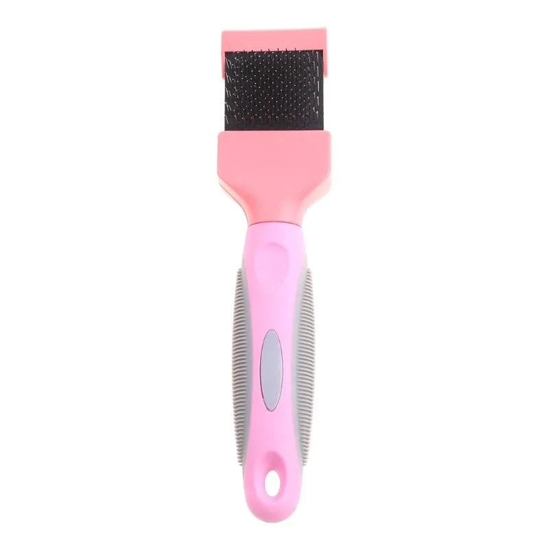 Blue double-sided pet brush with stainless steel pins and ergonomic handle for dog and cat grooming