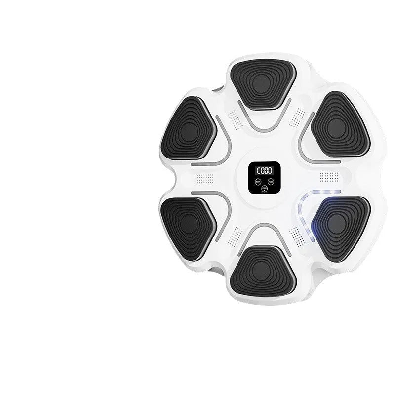 Smart electronic boxing wall target with scoring display and focus gloves for home training.