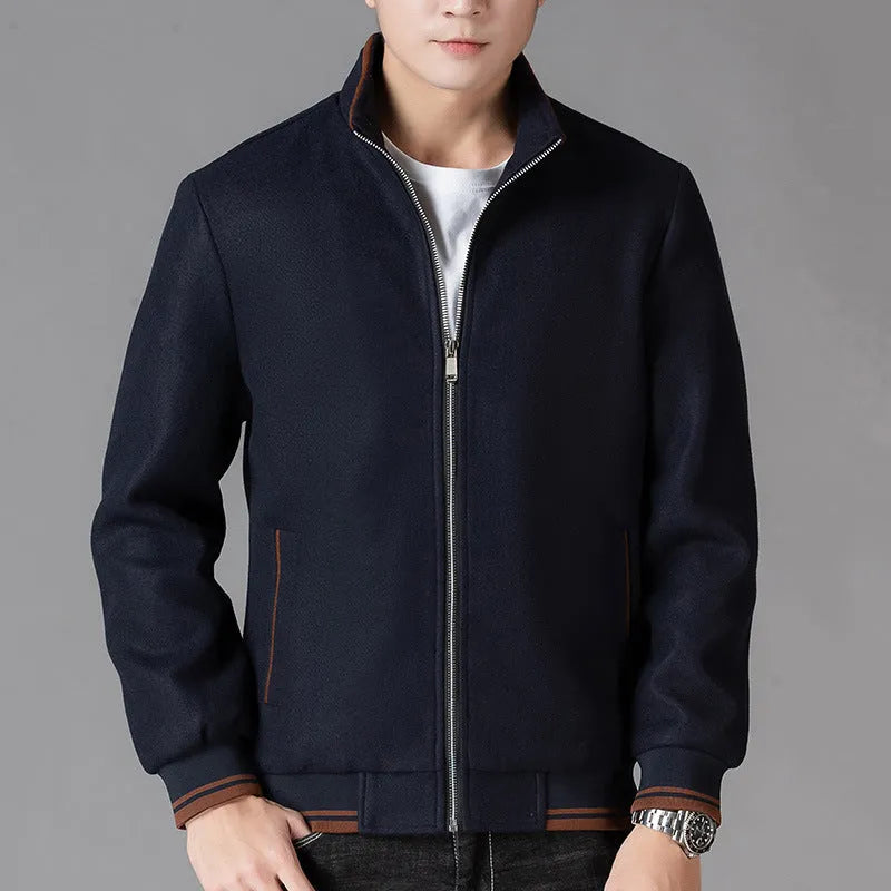 Men's grey sports-style wool fleece jacket with long sleeves and a stick pocket.