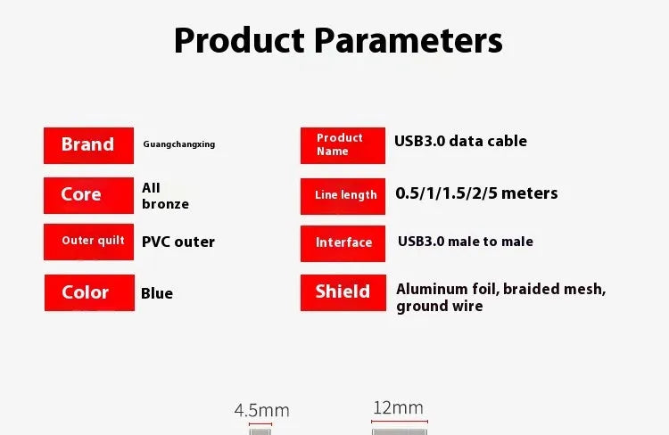 USB 3.0 data cable for mobile hard disk boxes with nickel-plated connectors.