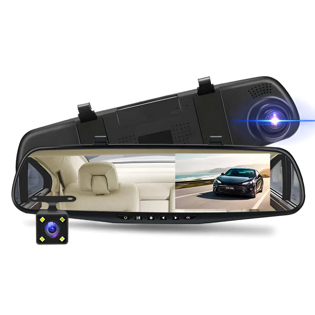 Black car driving recorder mounted on rearview mirror with 4.3-inch display and 170° wide angle lens.