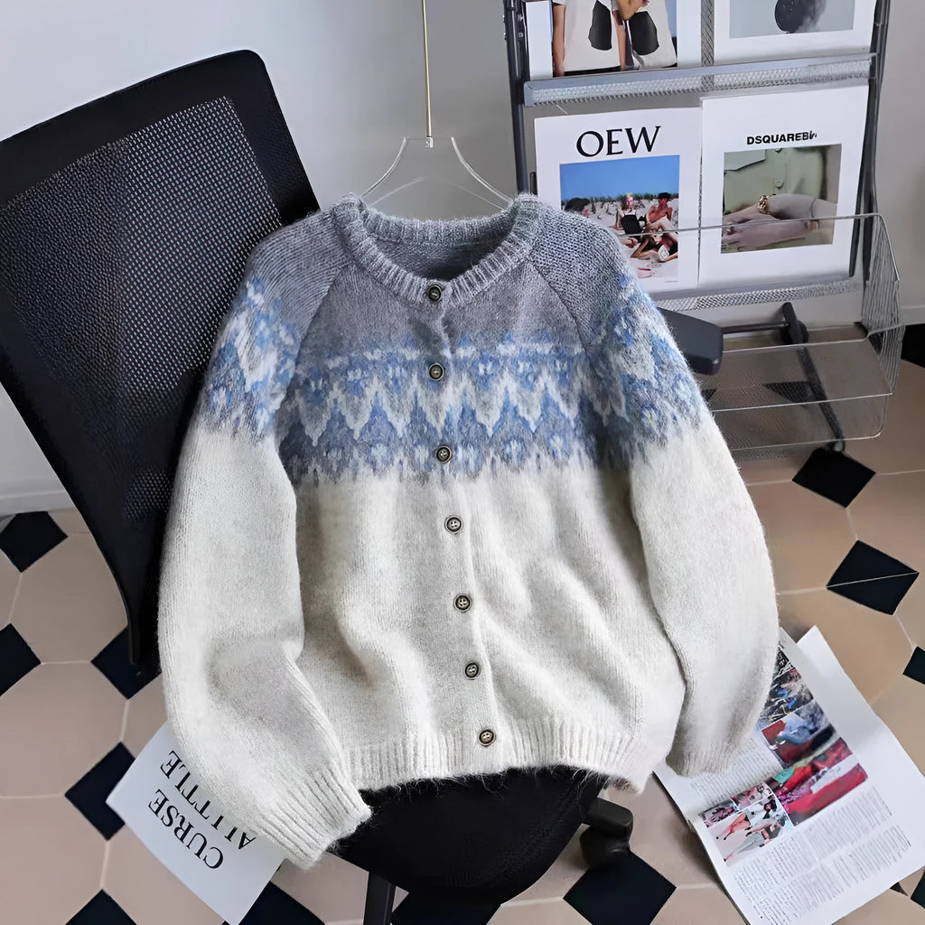 Women's contrast colour jacquard sweater coat in loose fit free size