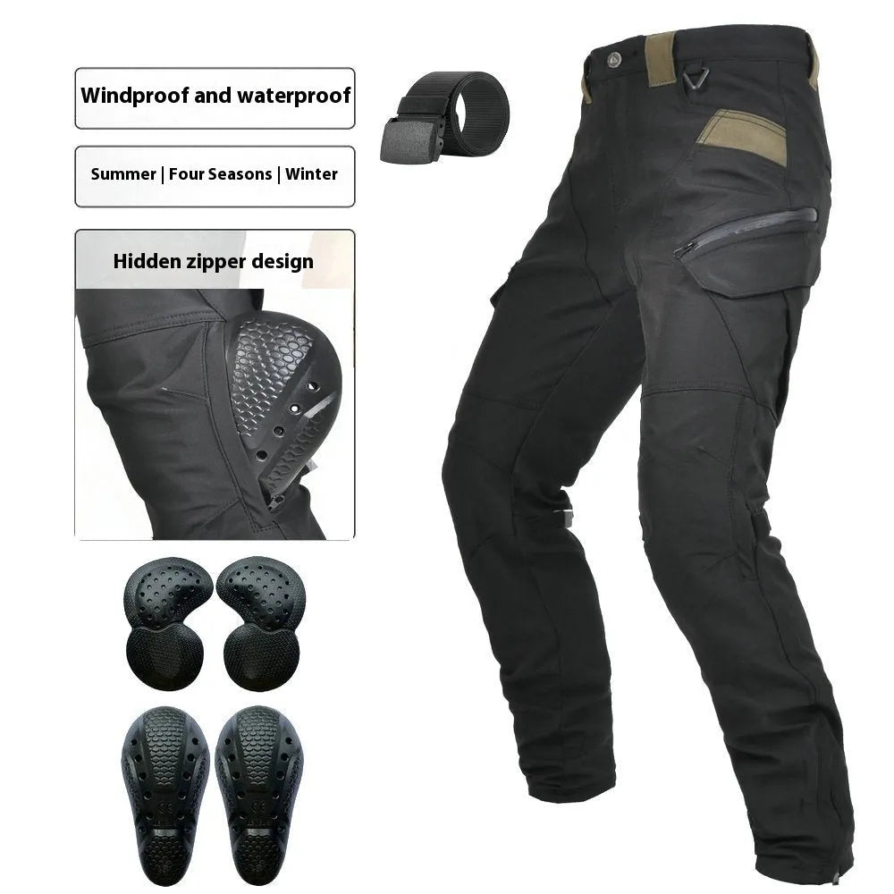 Men's waterproof motorcycle cycling trousers in black or green with included belt and protective gear.