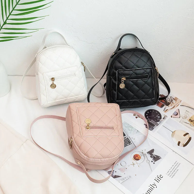 Hard square white girls backpack with embroidered Korean style design, showing soft carry handle and dimensions.