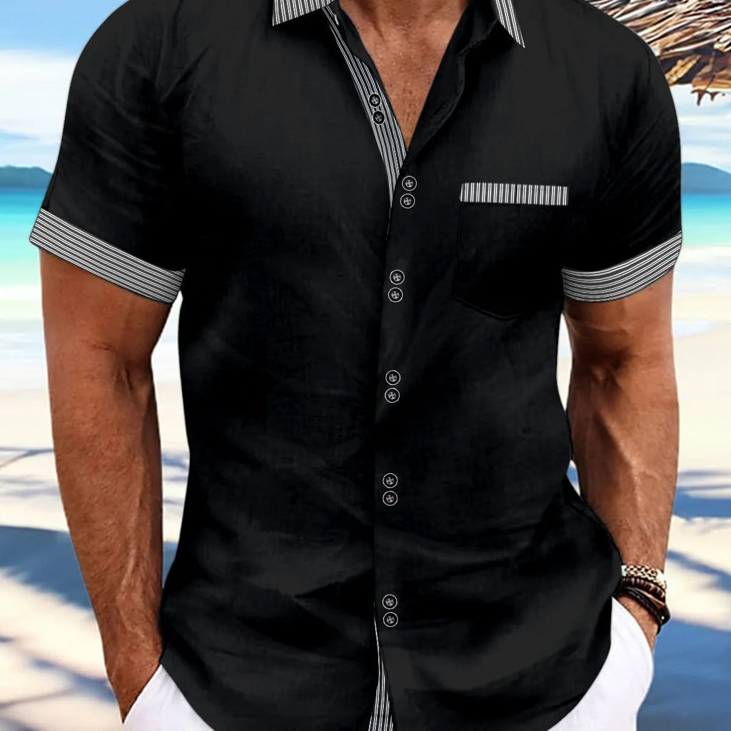 Men's striped double button short sleeve casual shirt in pure cotton fabric
