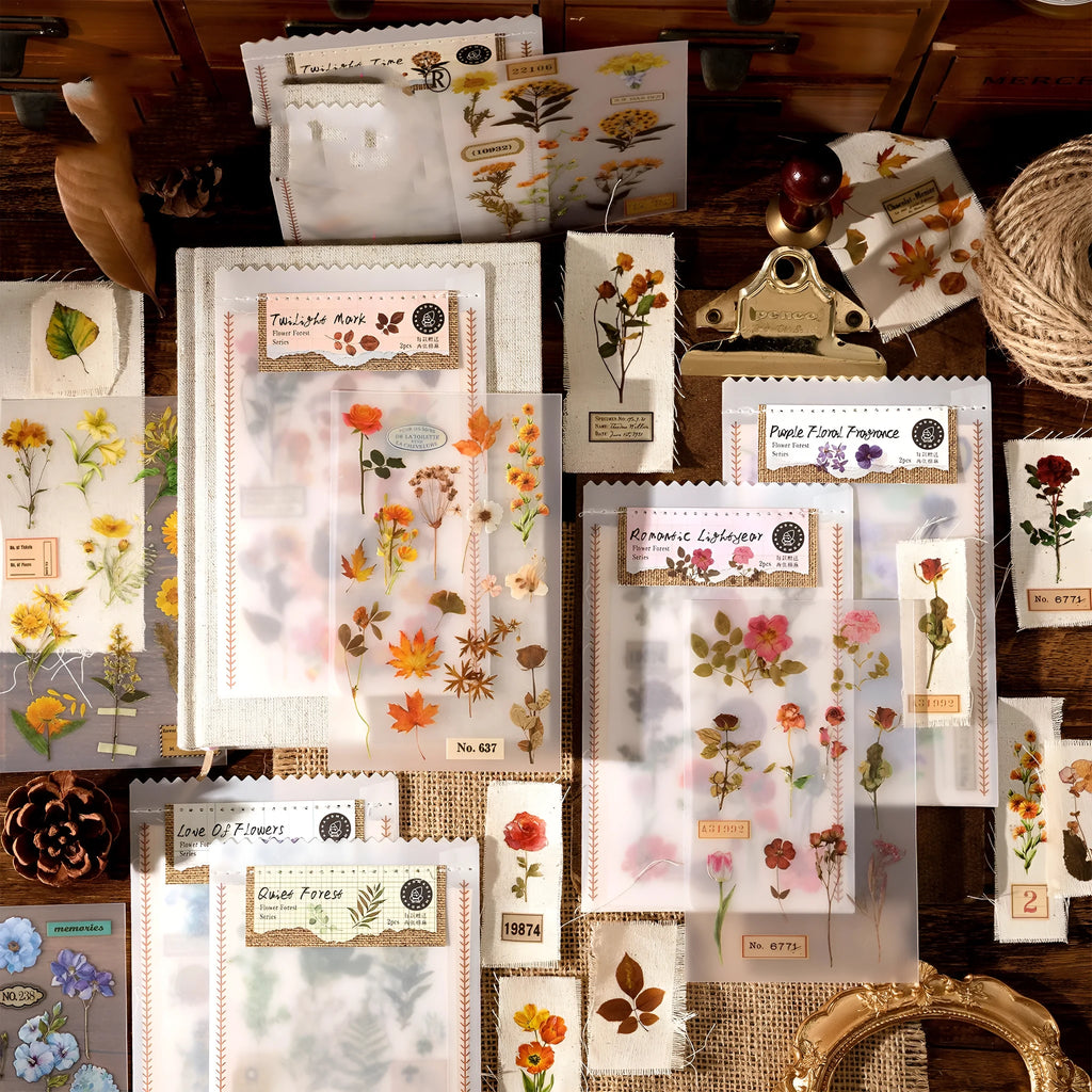 Huazhisen forest art sticker pack showing transfer paper and cotton linen sheets with literary style designs