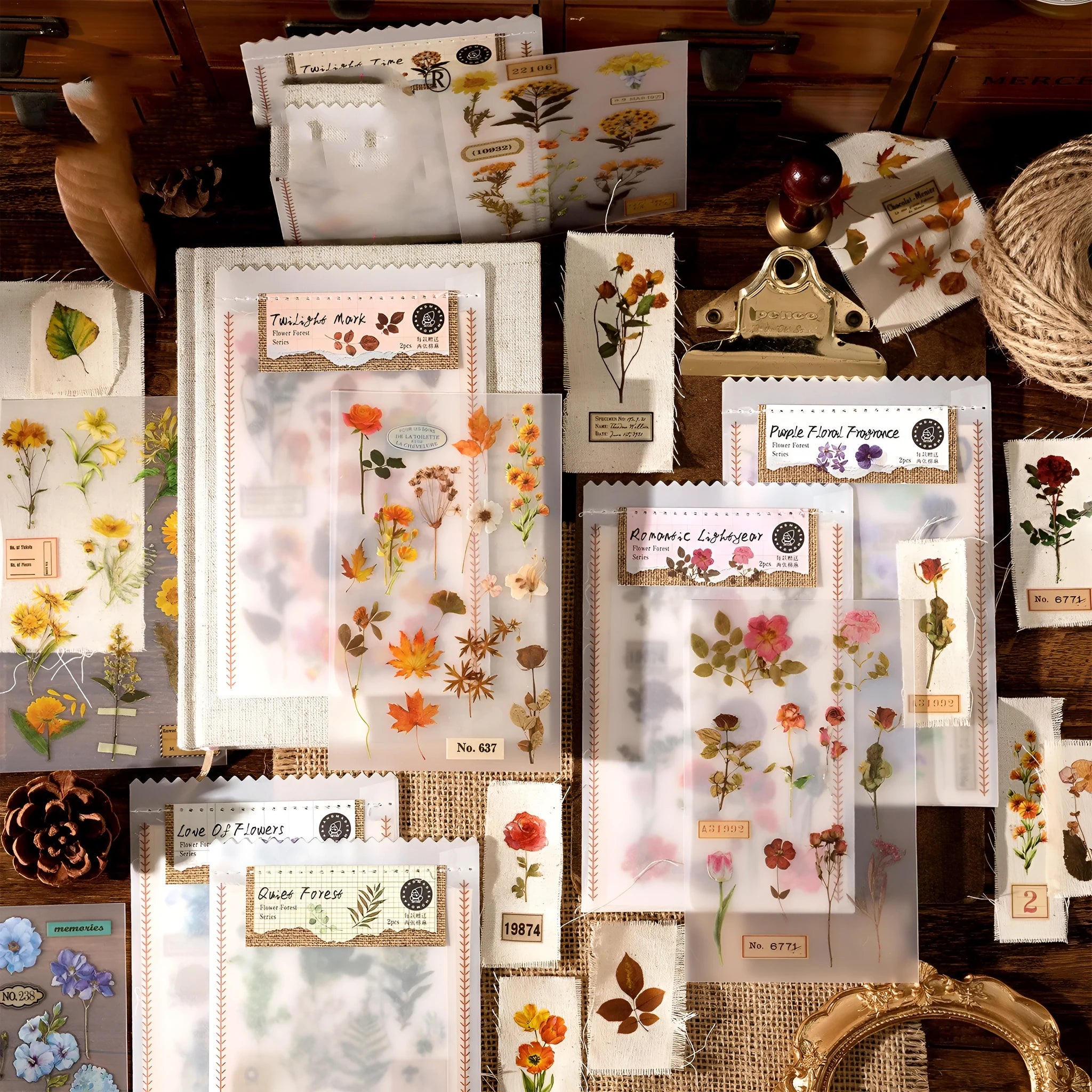 Huazhisen forest art sticker pack showing transfer paper and cotton linen sheets with literary style designs