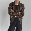 Brown Korean-style casual hip-hop jacket with PU leather outer, polyester lining and straight hem