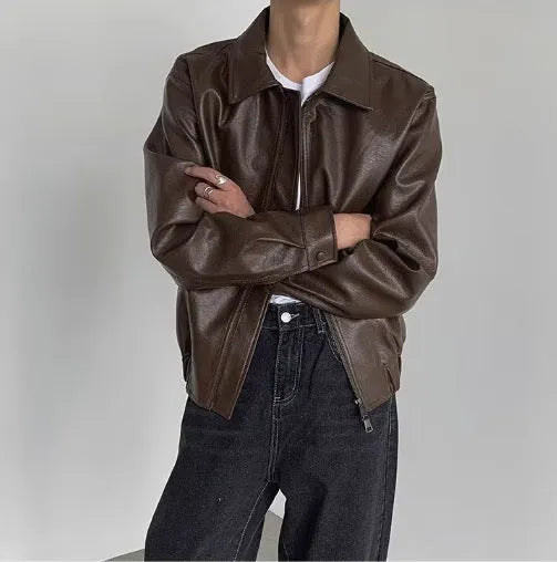 Brown Korean-style casual hip-hop jacket with PU leather outer, polyester lining and straight hem