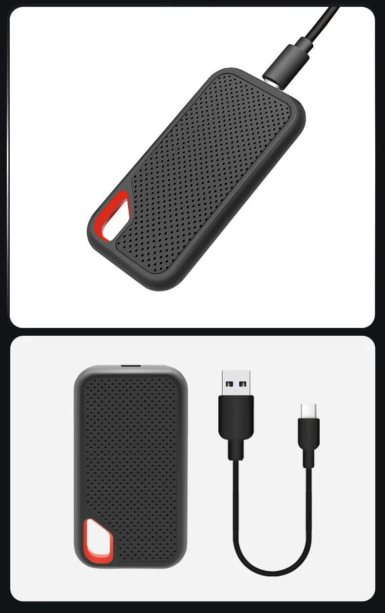 Black ABS portable SSD with Type-C 3.1 interface, shown as a mobile external solid state drive.