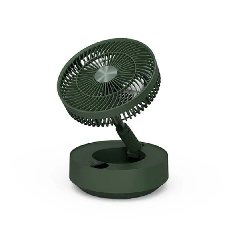Green telescopic floor fan extended to vertical position with remote control