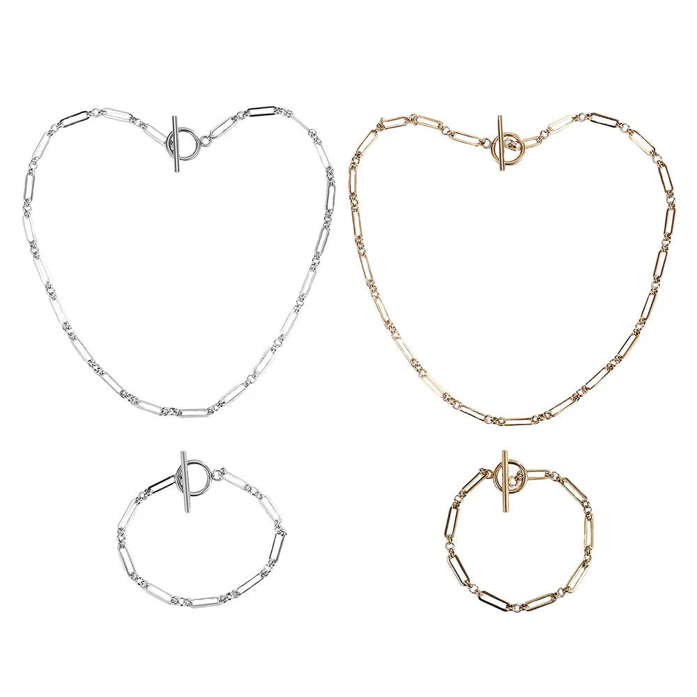 Stainless steel Chopin chain necklace and bracelet set with electroplated gold or silver finish, unisex simple design