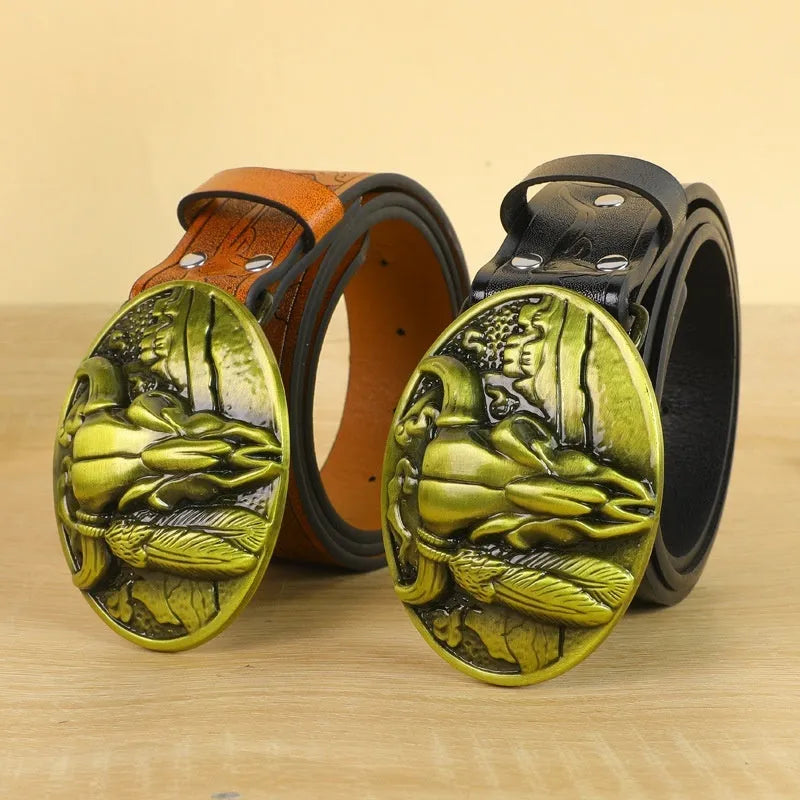 Men's black imitation leather belt with a detailed alloy cow head buckle and pin-buckle fastening.