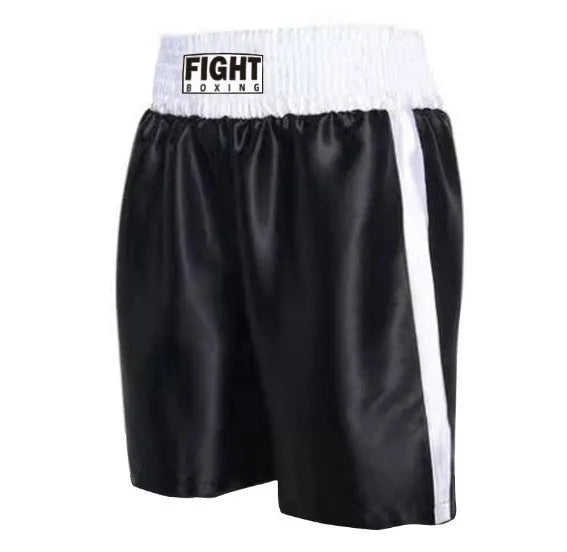 Boxing shorts in multiple colour options including black and red, and black and white side stripes.