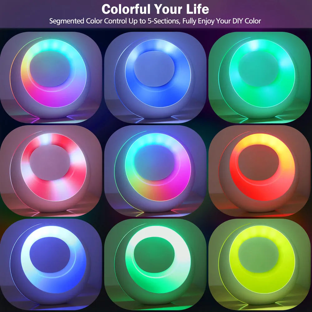 Small white desk lamp with remote control showing RGB colour changing ambient light display