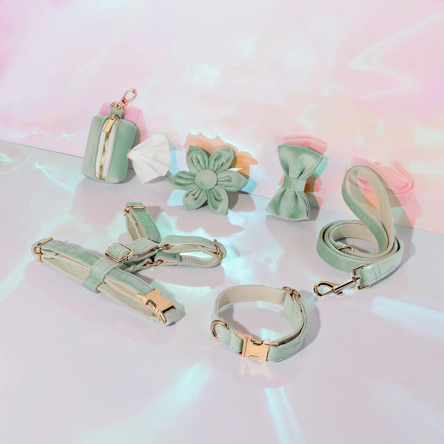 Complete velvet dog collar and traction rope set with bow tie, flower, and toilet bag on a table