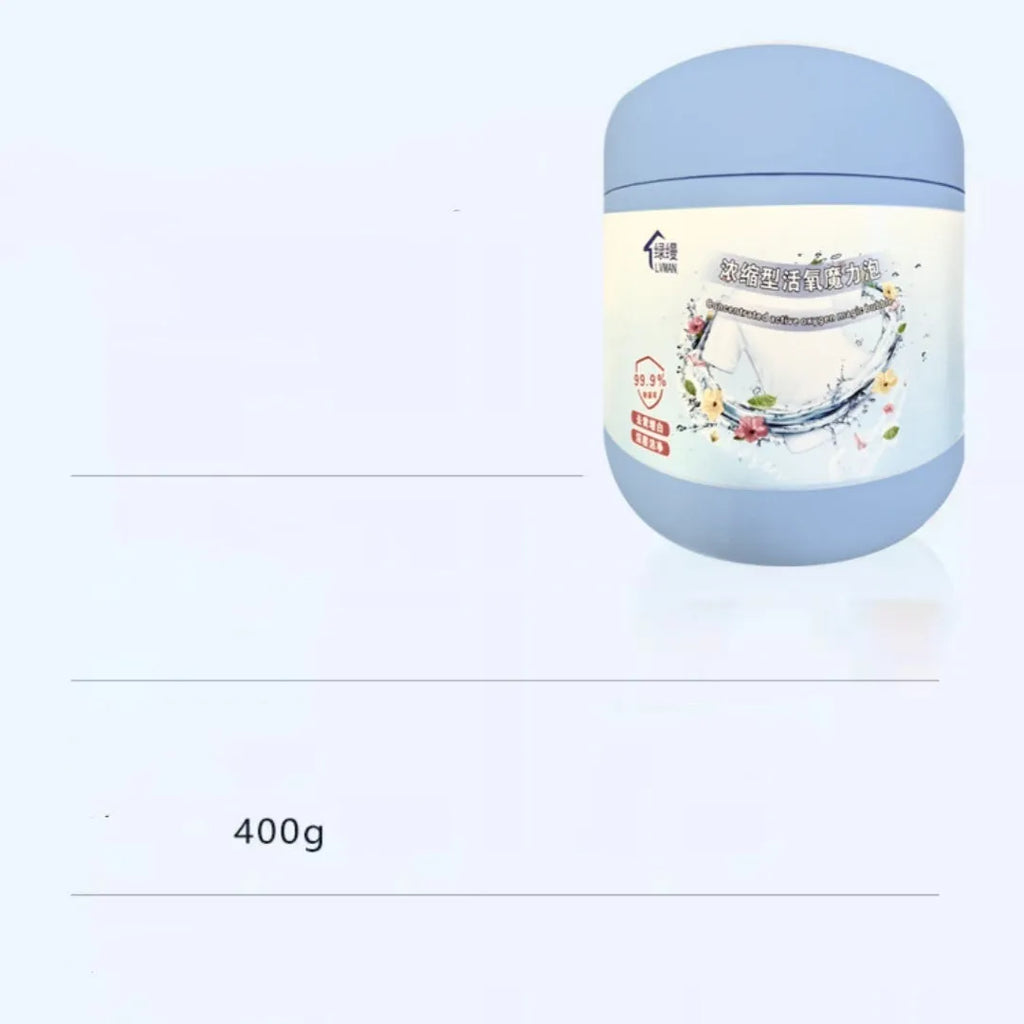 400g bottle of enhanced active oxygen bleaching powder for laundry stain removal.