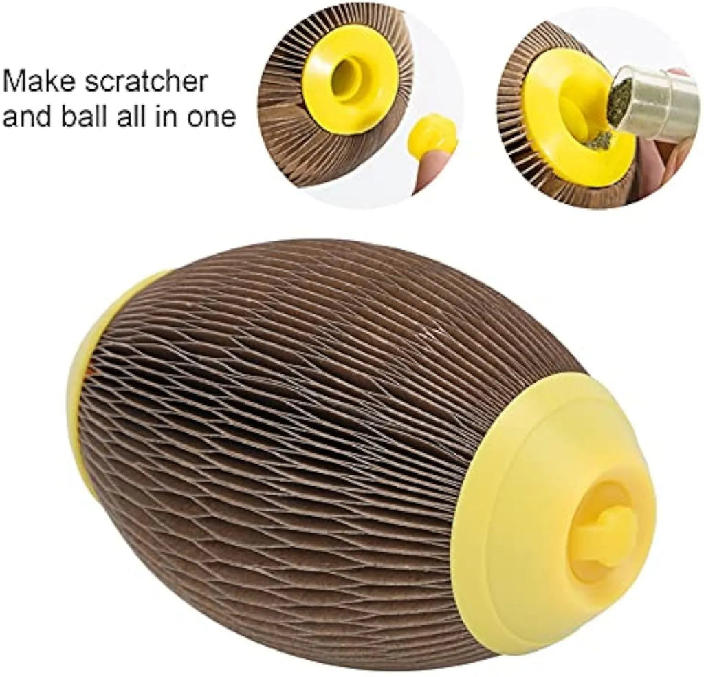 Elliptical catnip ball toy made from recycled corrugated paper for cats to play with.