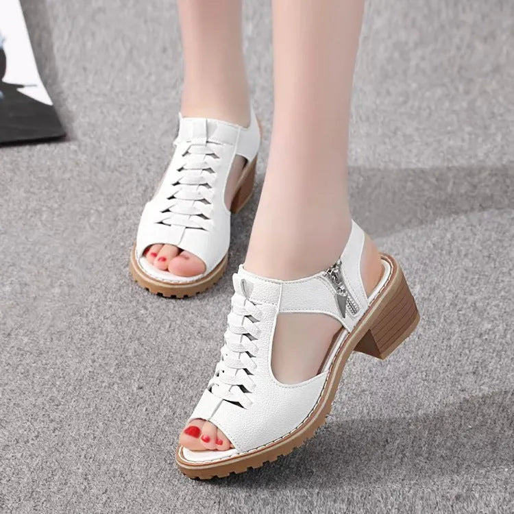 Women's black retro sandals with a side zipper and a mid-height heel.