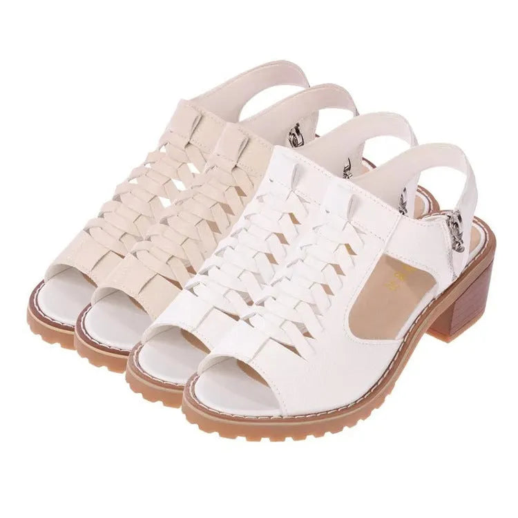 Women's black retro sandals with a side zipper and a mid-height heel.