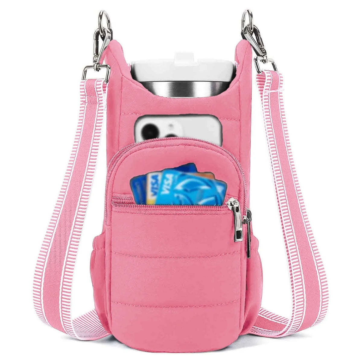 Cloth bicycle water bottle bag in black, pink or beige colour on bike frame