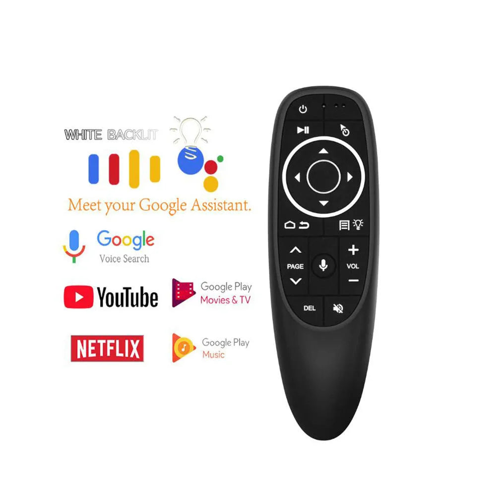 G10S intelligent wireless remote control with silicone buttons and plastic shell, shown next to its packaging.