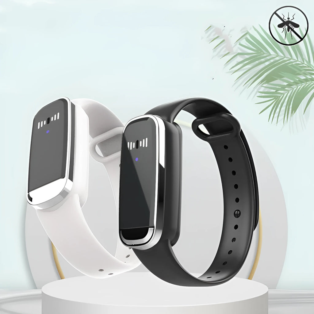 Black and white ultrasonic mosquito repellent bracelet with USB charging cable.