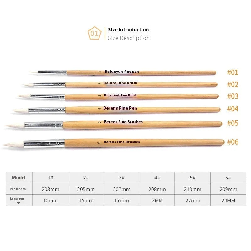 Six wooden-handled artist pen brushes with pointed wool hooks for detailed line work.