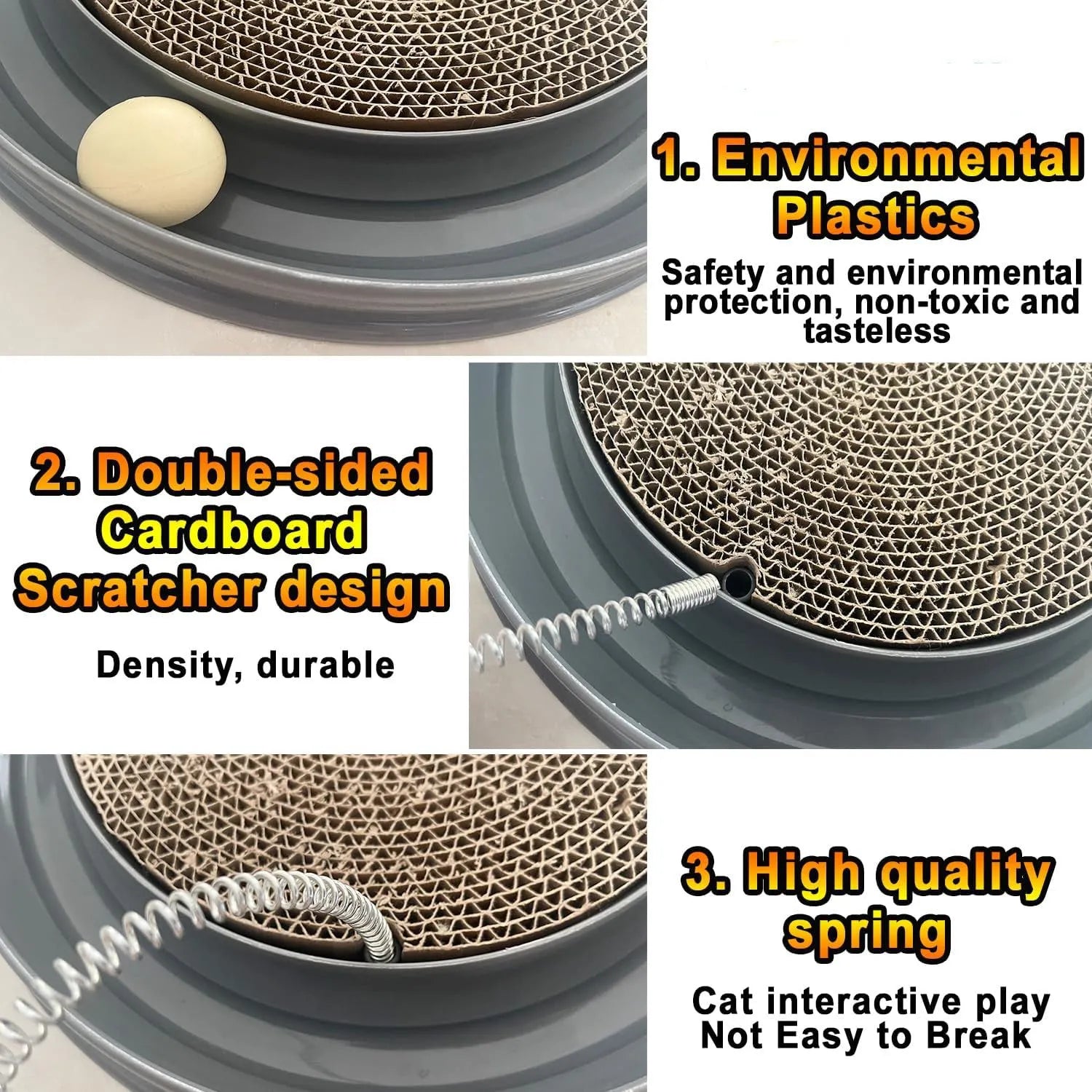 Blue circular cat scratcher with ball track and replaceable cardboard scratching centre