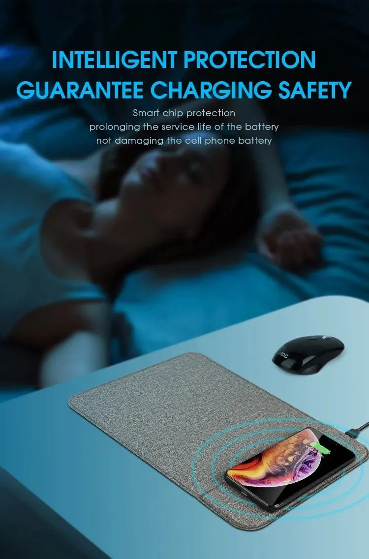 Foldable cloth phone holder open showing Qi wireless charging pad for smartphones.